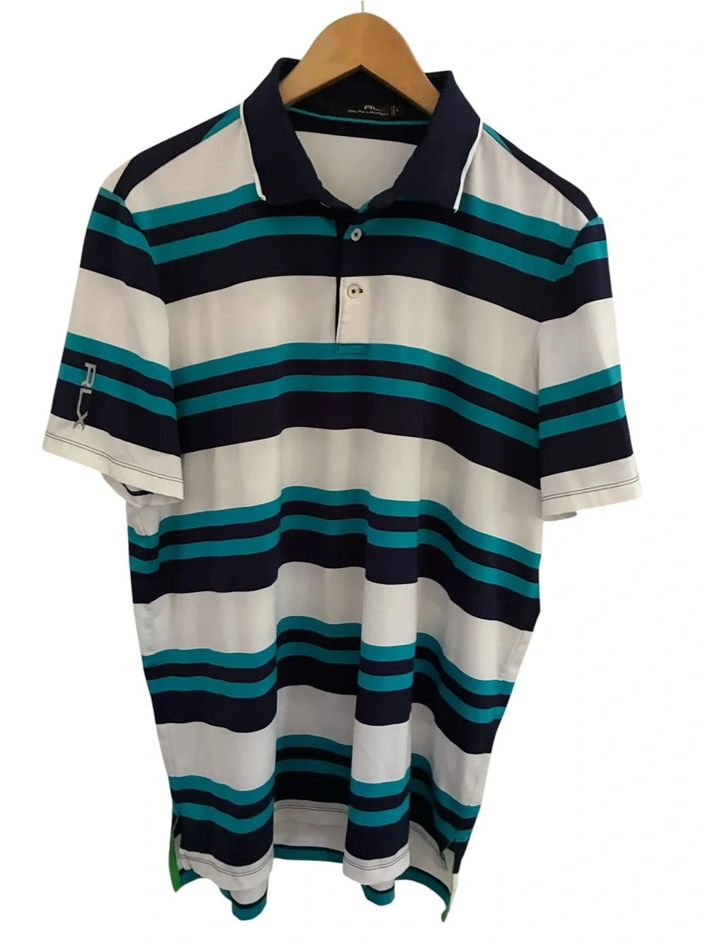 Ralph Lauren RLX Striped Polo Shirt - Navy, Teal & White Mens Size L